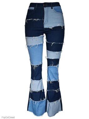 High Waist Frayed Patch Wide Flared Boyfriend Jeans Raw Hem Denim Pants